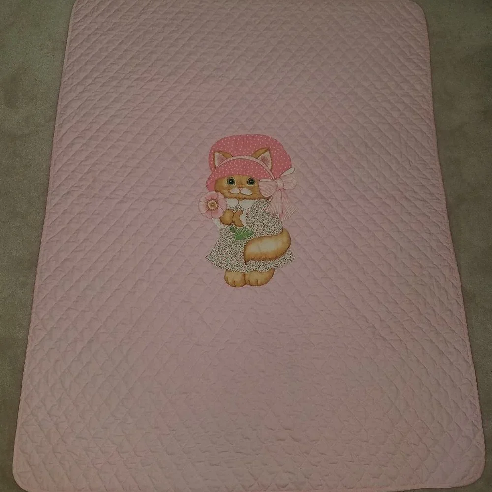 VTG Handmade Kitty Cat Blanket Pink Dress Bonnet Flowers Spring Mills Baby Quilt